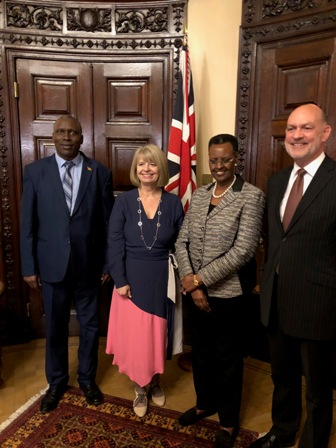 Uganda First Lady Educ Minister Janet Kataha Museveni 2nd from R and UK MP Harriett Borison and Ambassadors