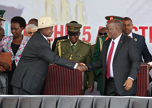 Museveni and Magufuli after laying foundation stone for crude oil pipeline last year. Courtesy photo.